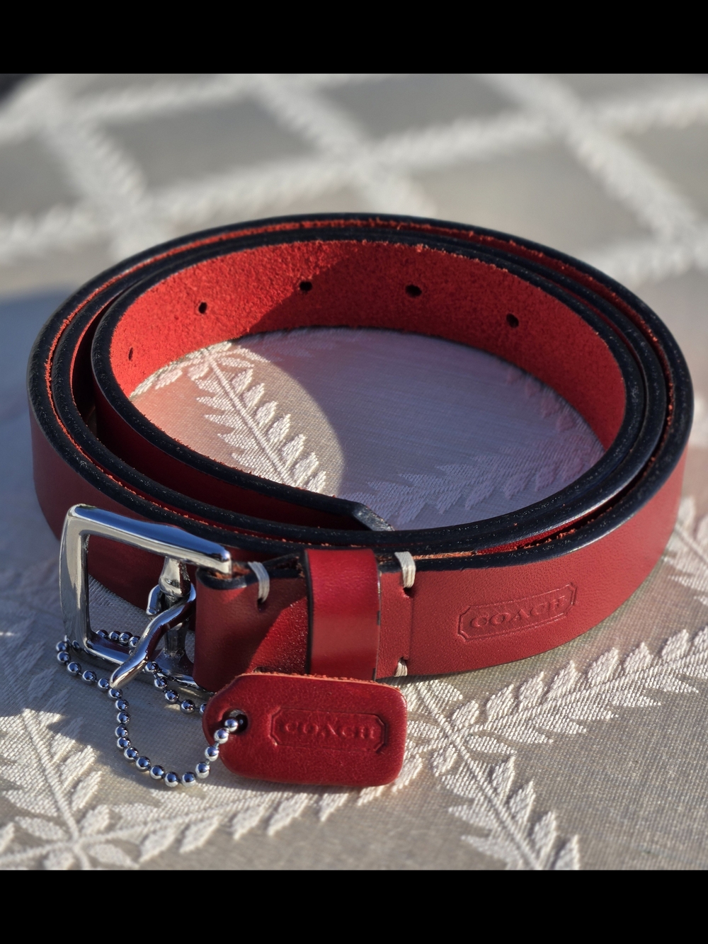Coach Women’s Red Vegetable Tanned Leather Belt XL Italy Silver Tone Buckle - Picture 2 of 6